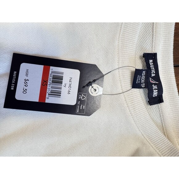 NAUTICA JEANS WOMENS IVORY SWEATER SLEEVES WOVEN BODICE NWT XS - Picture 7 of 7